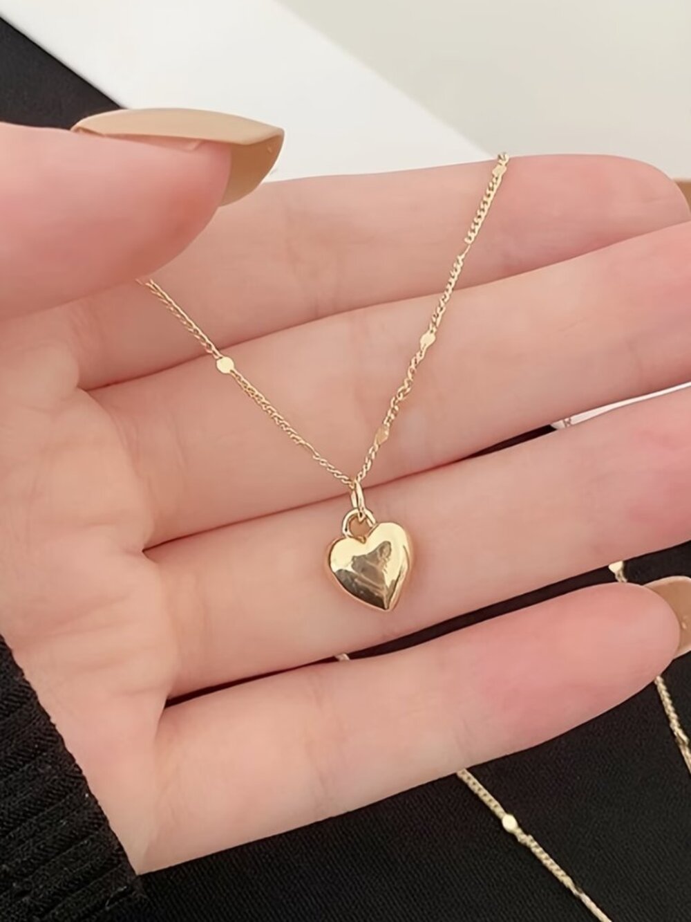 Minimalist Necklace Petite Golden Puff Heart Pendant Delicate Collarbone Chain